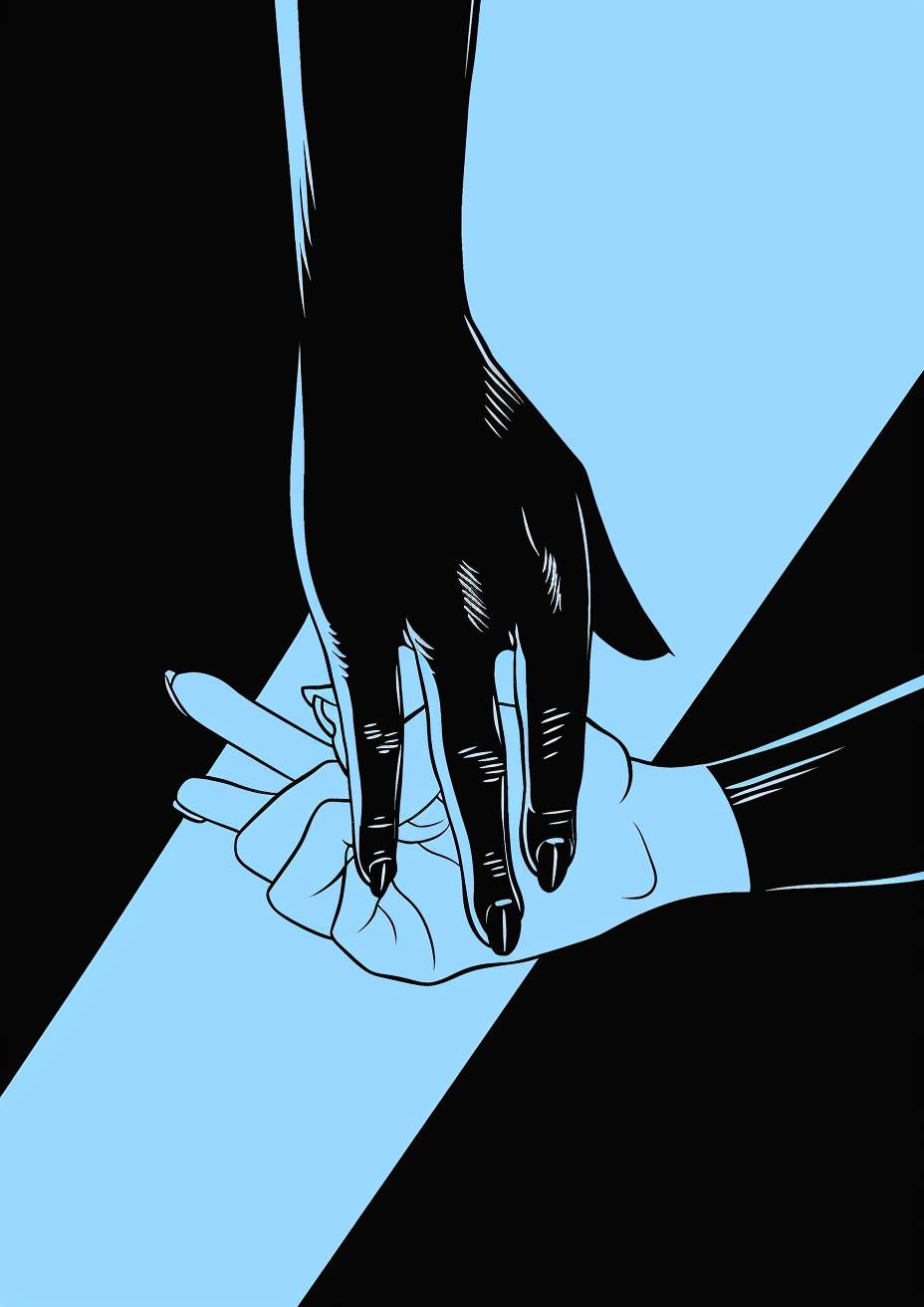 Minimalist illustration of a woman's hand holding a man in a blue and black color palette, done in the style of a minimalist artist.