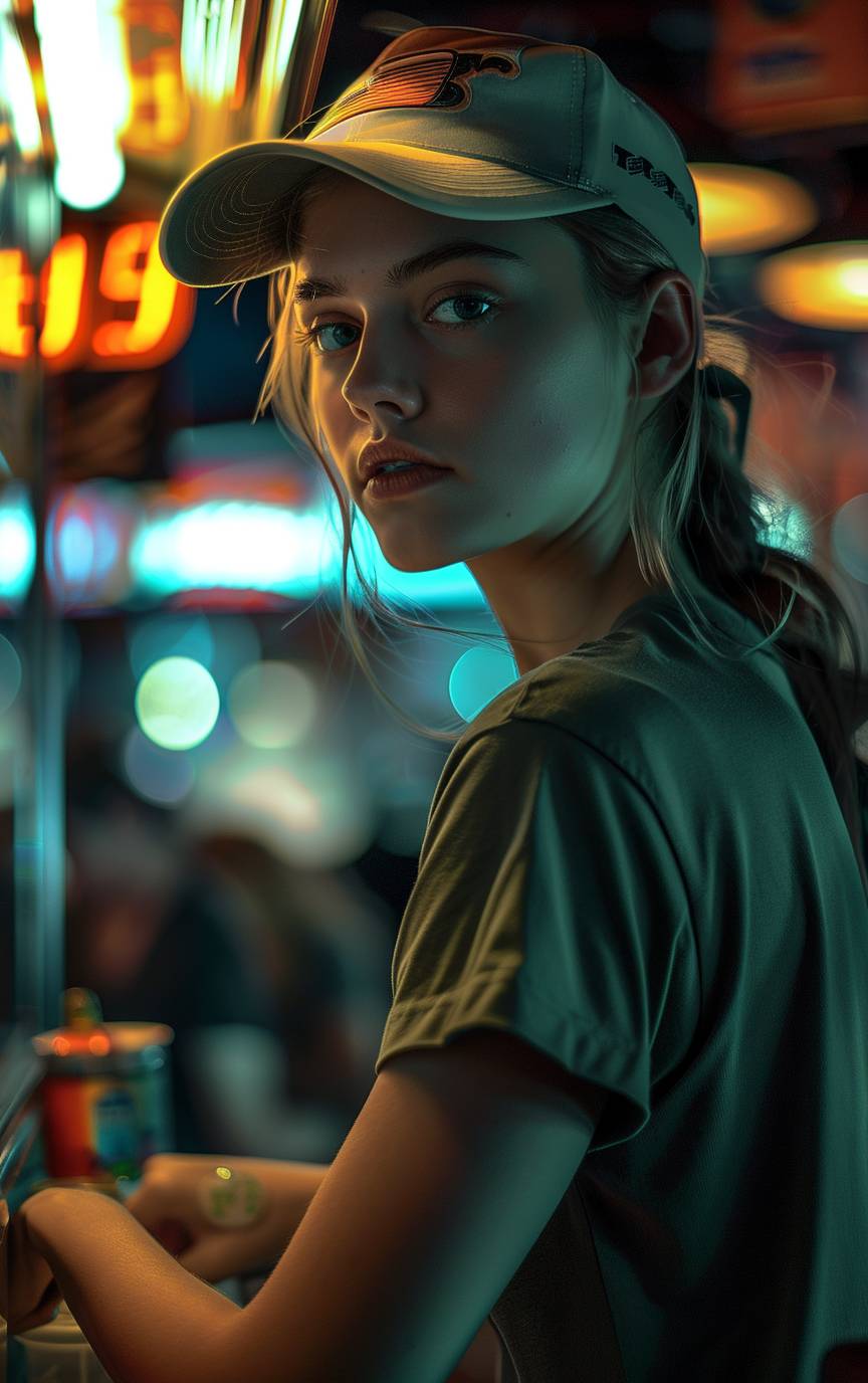 At night, an incredibly gorgeous 20-year-old woman is busy at work inside a concession stand. Her hair is neatly pulled back into a low ponytail, she is wearing a baseball cap, and has British/French features. She is extremely cute, confident, and calm, exuding amazing beauty while looking right at you. There are multiple light sources, bright warm side lighting, yellow-orange light, bright backlighting, chiaroscuro lighting, contrasty light. She has muscular arms, powerful shoulders, and a muscular physique, and is wearing a green short-sleeved t-shirt. The photo was taken with a Nikon D850 camera with a 50 mm lens, aperture f/8, and features super realistic, cinematic, CMYK color, and saturated color effects.