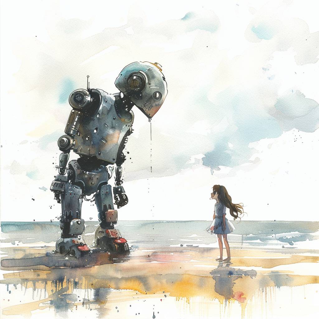 軽やかな水彩画、ビーチにいる女の子とロボット、白い背景、詳細なし、夢見るようなスタジオジブリ