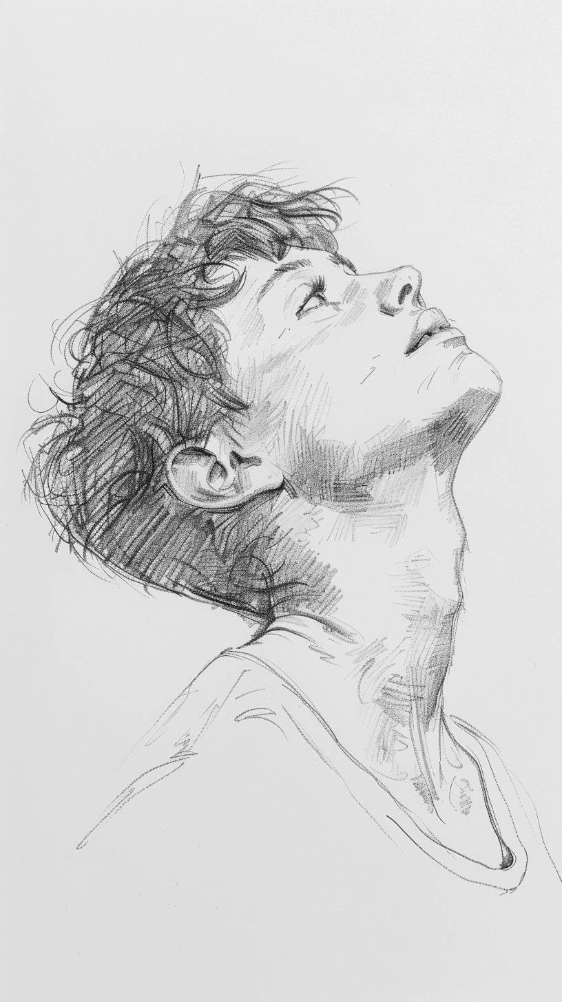 Woman with short hair looking up at the sky, half-body, pencil sketch