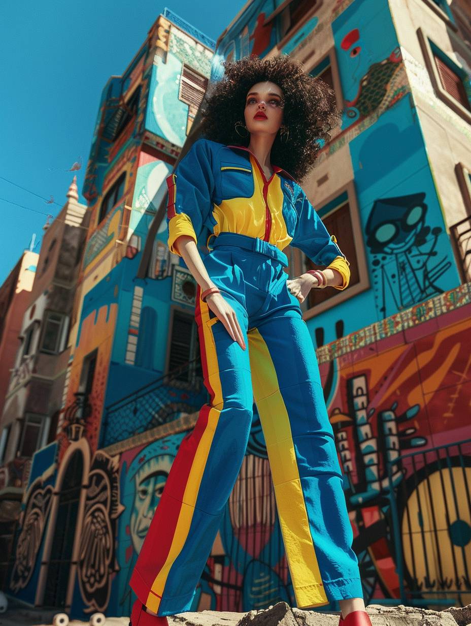 青、黄、赤の服を着たコーカソイド女性の全身写真で、リアルかつ高品質なものを都会の背景に合わせて撮影--アスペクト比3:4--バージョン6.0