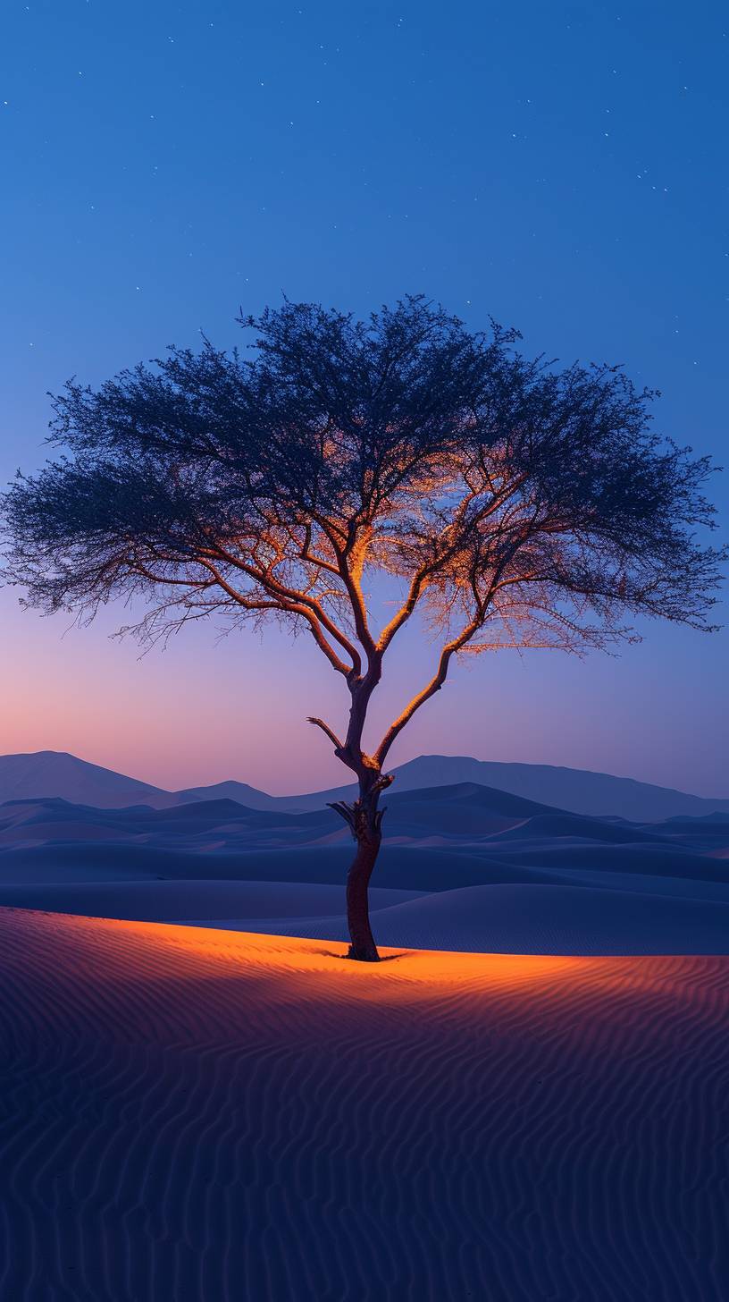 夜明けの砂丘にある一本の孤独な木 --stylize 750 --v 6.0