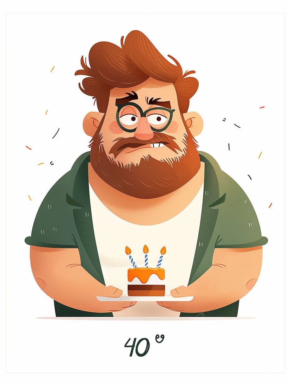 A chubby man is celebrating his 40’s birthday, flat illustration, vector minimalist