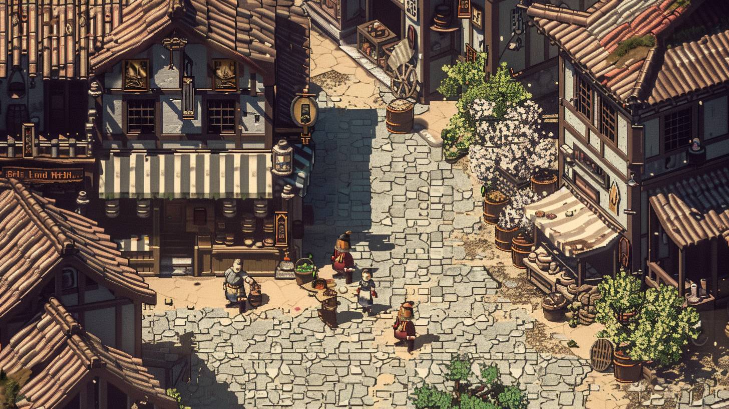 Top-down RPG view with cobblestone paths and artisan shops, where heroes haggle for gear. Designed for nostalgic retro RPG gaming, it creates an atmosphere of preparation and anticipation. The pixel art style reminiscent of classic games.