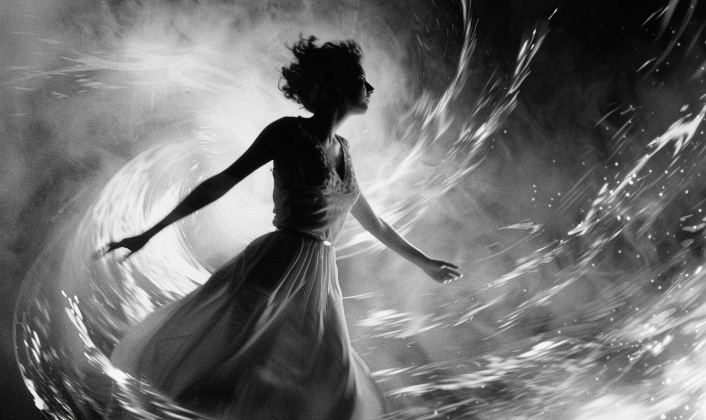 In the style of Lillian Bassman, cosmic journey through wormholes