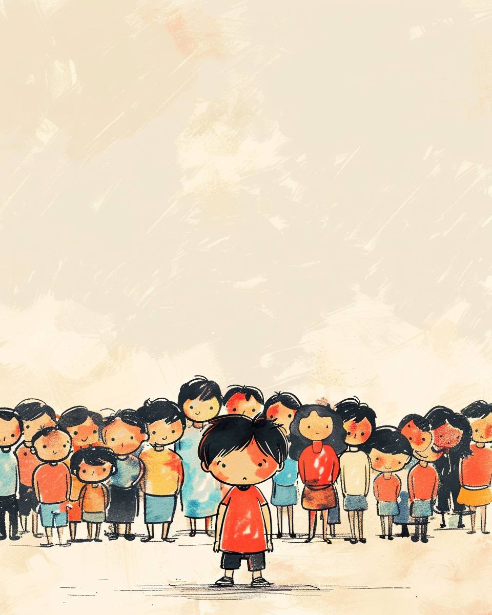 Illustration, social phobia concept, a 4-year-old boy, a crowd of children behind, black hair, cinematic, bokeh, soft pastel complementary colors - chaos 10 - aspect ratio 4:5 - personalize r6fwxg5 - version 6.0