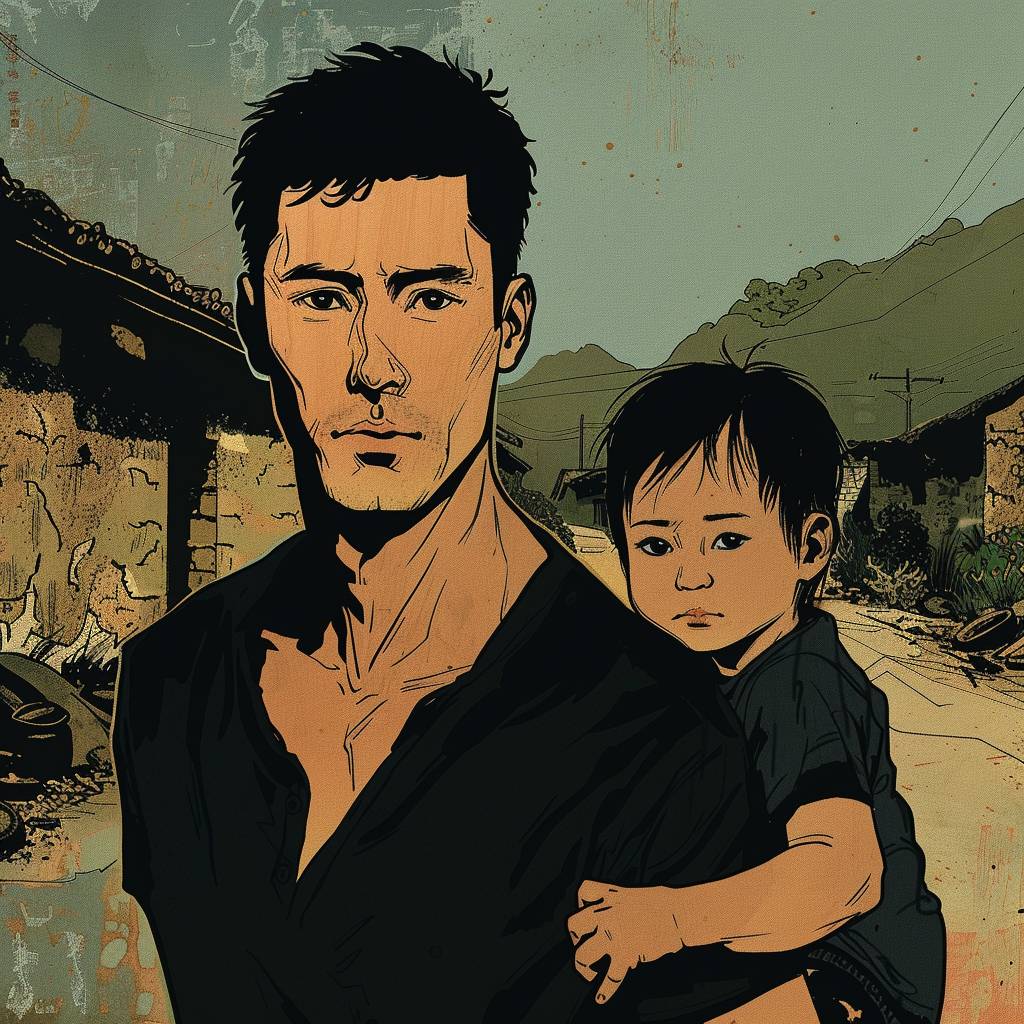 A Chinese man with an ordinary appearance and figure, short black hair, wearing black casual clothes, calm expression, holding a baby girl, set on a rural dirt road in China, Chinese rural horror comic style, dark blue amber, clear features, flat comic sketch, graphic novel style, storybook illustrations, 2D style, flat color, detailed scene description, dim lighting, high detail, 8K resolution