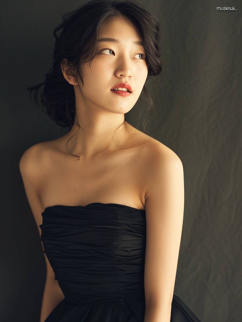 A photo of an Asian woman in a black strapless dress, standing upright with her hands behind her back, high resolution, natural lighting, soft shadows, no contrast, smooth skin, clean sharp focus, professional photography, professional color grading, a film grain effect, hyperrealistic in the style of a magazine cover shoot, magazine quality, neutral background, text "musesai.io" on the top right corner.