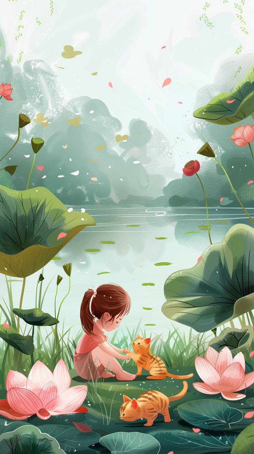 蓮池のそばの草地で子猫と遊ぶ小さな女の子を描いたポスターで、さわやかなカラースキーム、イラスト、清潔な背景を特徴としています