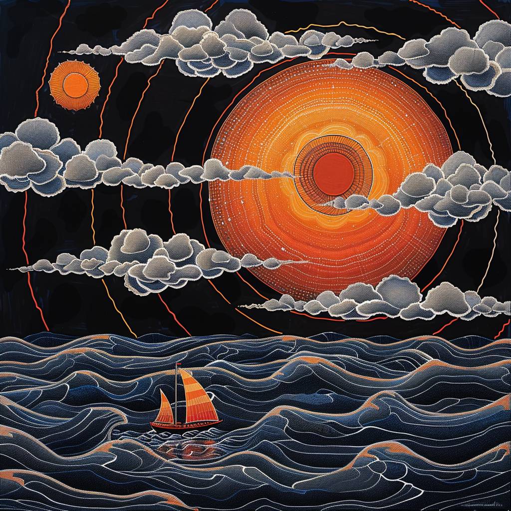 Dot-shaped style, sunset, orange sun, clouds, five rotating circles of clouds in a large sky, dot-shaped waves, and orange yellow sunset clouds reflected on the waves, one boat is going out to sea, in the style of detailed dreamscapes, light black and orange, painted illustrations, dreamscape portraiture, skillful lighting, precisionist art, whimsical cartoonishness