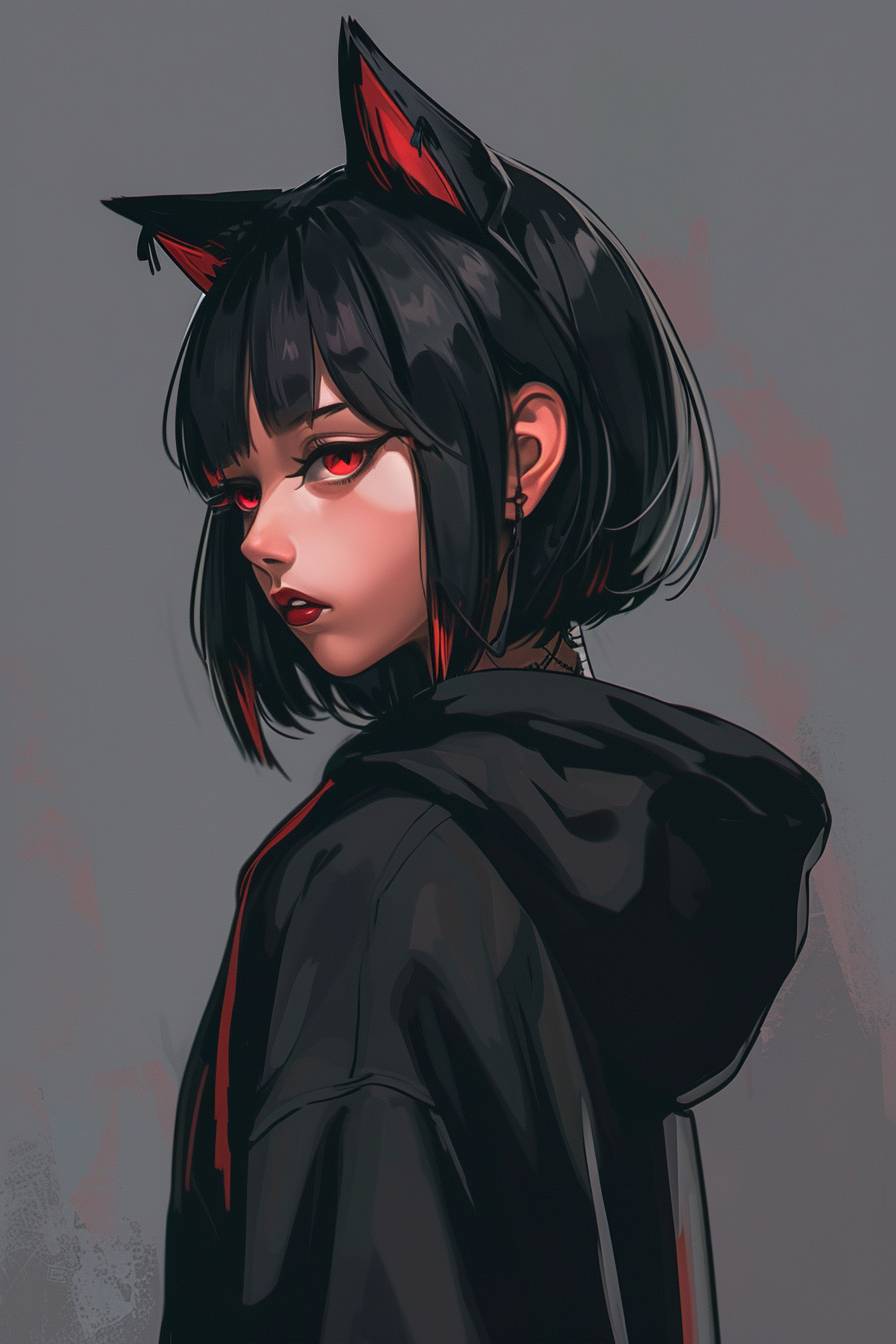 An elegant anime girl with black cat ears, short black hair and red eyes, wearing a stylish cyberpunk black hoodie jacket, with an evil smile, looking back from the side and above, against a simple background, in colorful Y2K aesthetic.