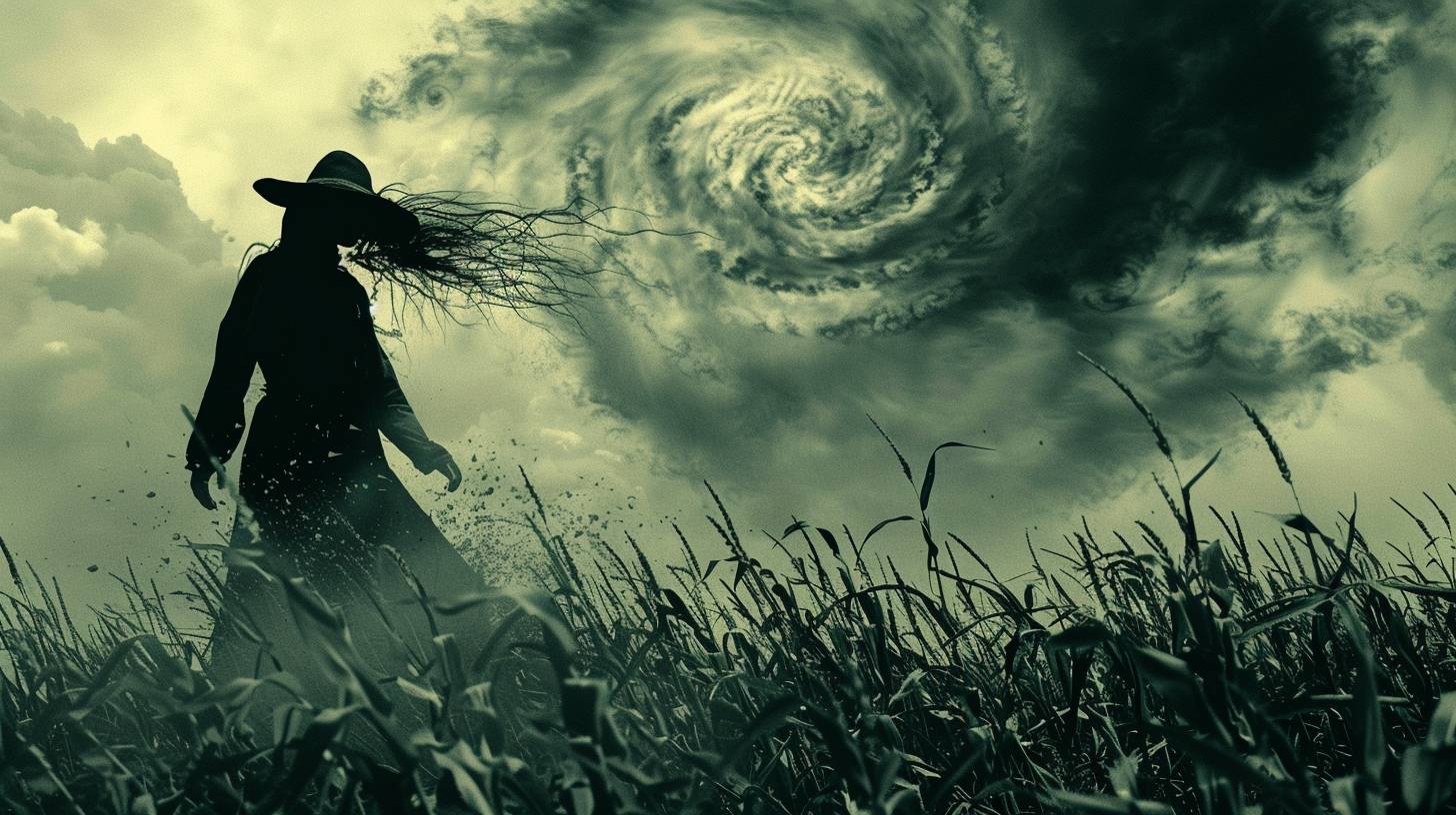 A creepy scarecrow in silhouette, folk horror style, in a cornfield, with a tornado approaching, limited color palette, tenebrism, strong visual flow