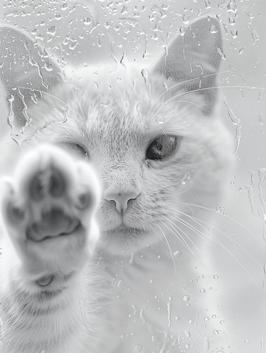 霜ガラス越しに、朦朧としたテクスチャを持つかわいい猫の顔が、ガラスに一本の足を載せています。シンプルな背景とカートゥーンスタイル。白とグレーを基調とし、ミニマリストデザインを採用。