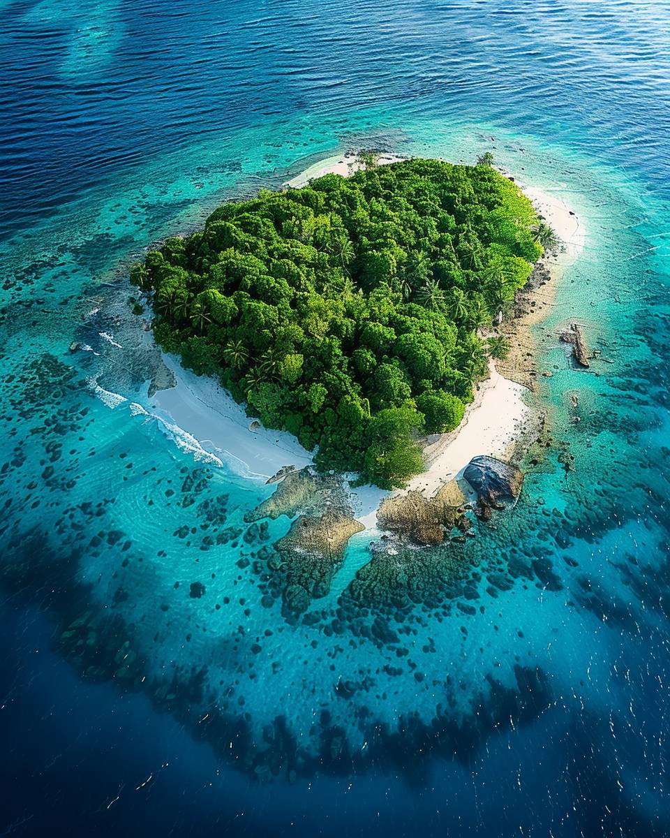 A birds eye photograph of a large lush tropical desert island surrounded by Caribbean blue waters.