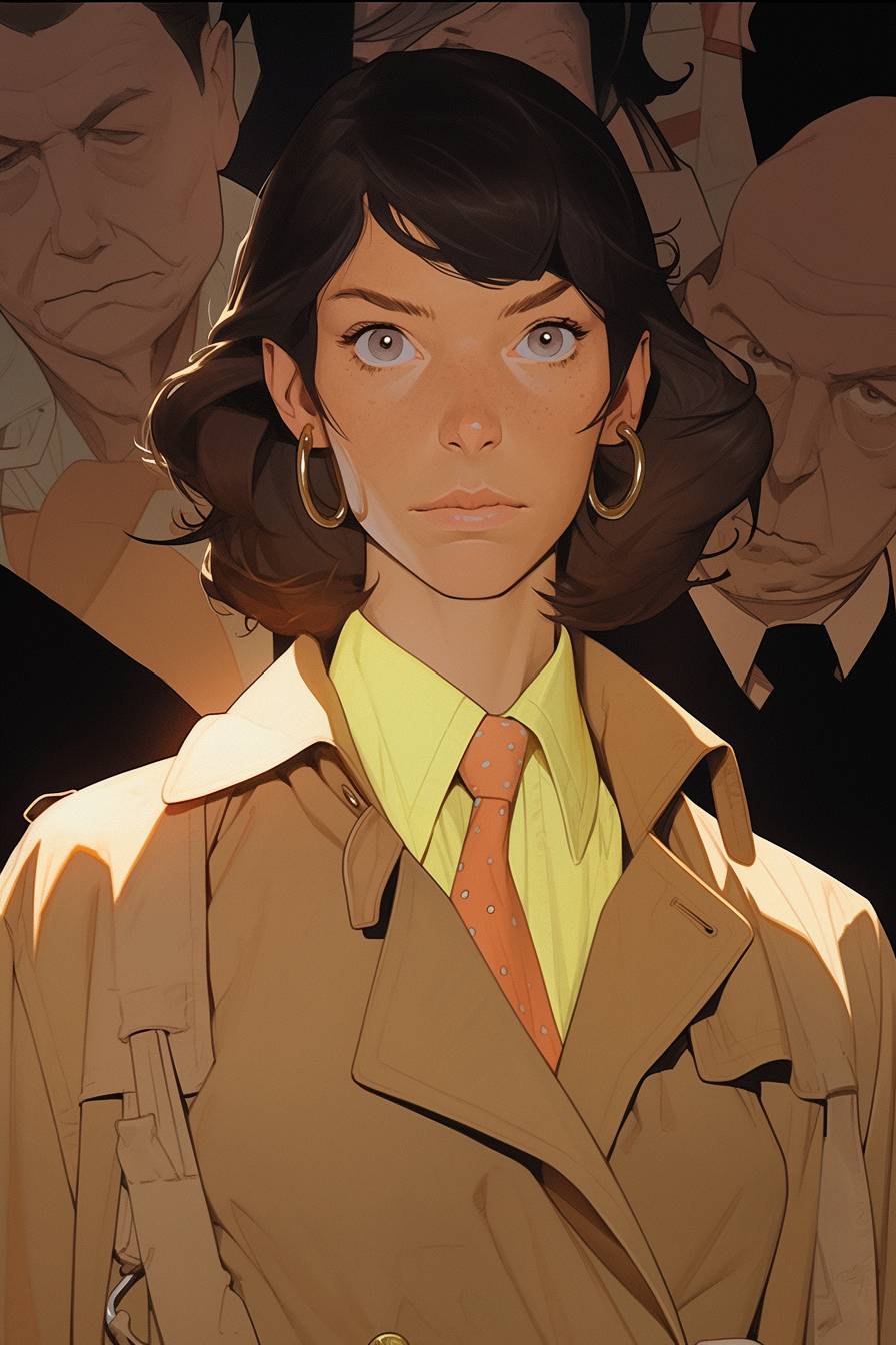 A confident woman detective with a sleek bobbed hairstyle and observant brown eyes, wearing a gray detective coat, is examining clues in a dimly lit crime scene. Portrayed in a half-body shot, her face drawn by the masterful artist Wes Anderson, with detailed features, set against a gritty background --ar 2:3 --niji 5 --style expressive