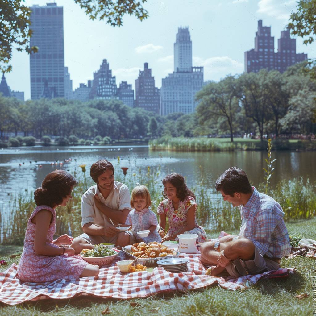 5人家族のピクニック。笑い声と会話。チェック柄のブランケット。1975年の夏、セントラルパーク。摩天楼、他のピクニッカー、池。広角、全体の写真。Rolleiflex 2.8F、フジカラープロ400Hフィルム使用。明るい日差し、食べ物のディテール、鮮やかな色彩。