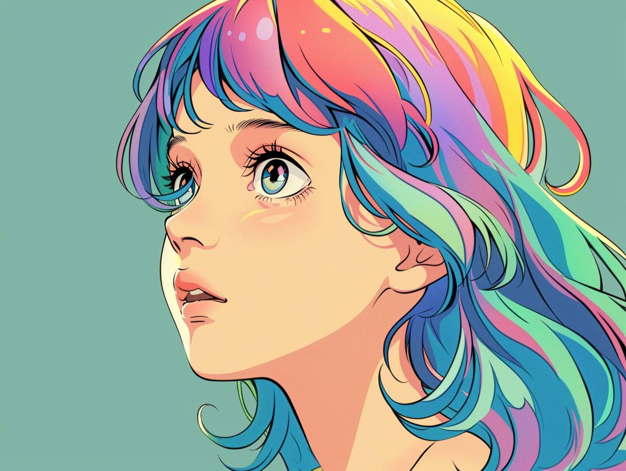 Illustration of a girl, a high school student, with colorful hair, close-up of the upper body, cute, sophisticated use of colors, simple background, inspired by Studio Ghibli.