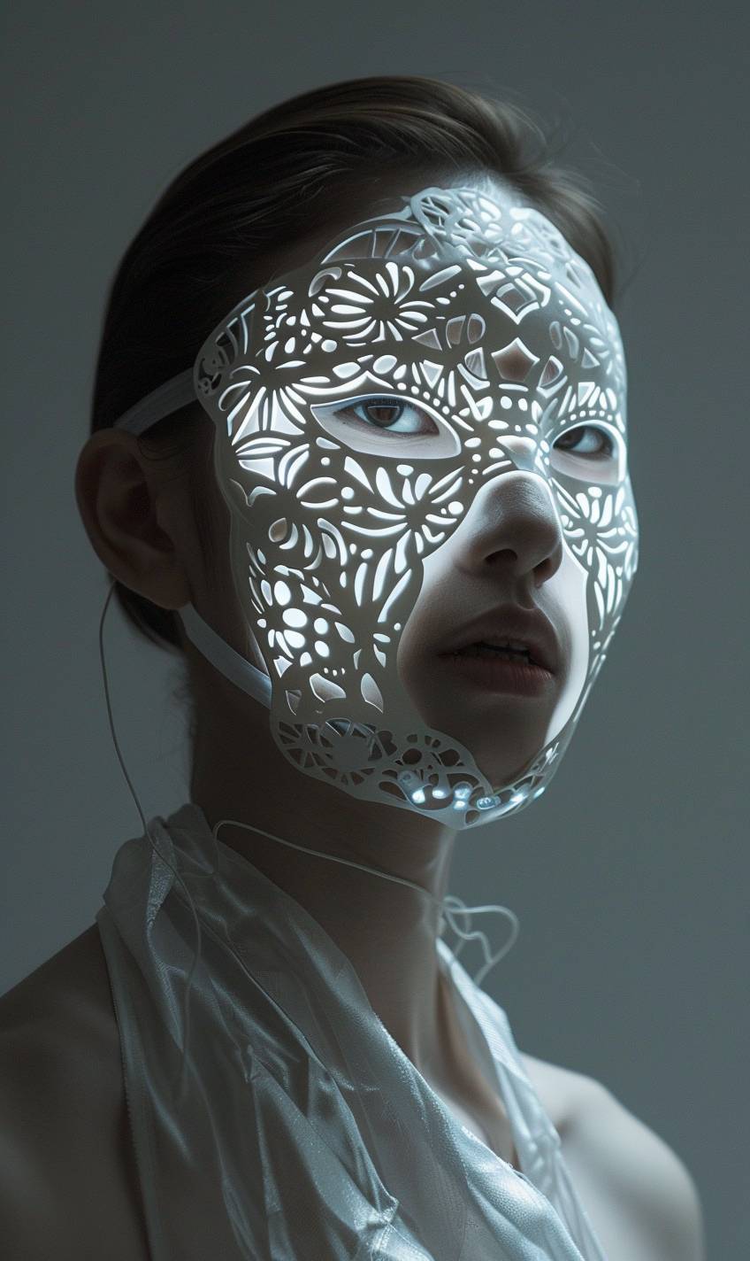 This mask decorates the real world with its delicate, laser-cut patterns that create a mesmerizing play of light and shadows. LED lights pulse and change color in response to the wearer's movements, adding a dynamic and living quality to the mask. The mask is secured with transparent straps, ensuring a comfortable fit and maintaining its fluid, uninterrupted aesthetic. The model's face is only partially visible, with the mask's ethereal form contouring like a second skin. The overall effect is a striking blend of technology and nature, evoking a sense of the futuristic and organic.