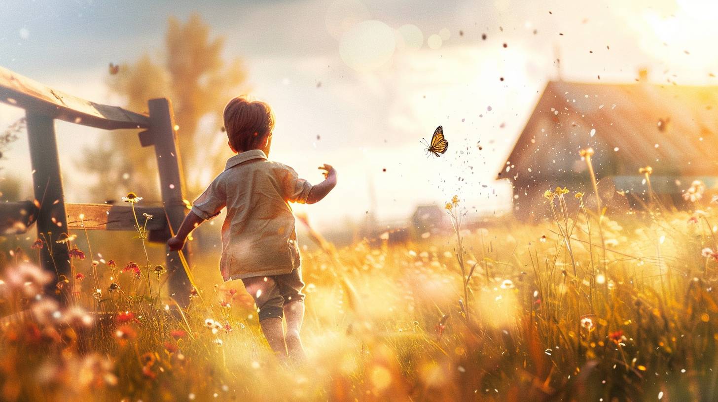 Child in a field, chasing a butterfly. Laughter caught mid-air. Grass stains on his knees. Rural landscape. Midday. Wildflowers, a wooden fence, a farmhouse in the distance. Wide shot, full body. Bright sunlight, butterfly frozen mid-flight, dust particles floating in the air. Hyperrealistic capture.