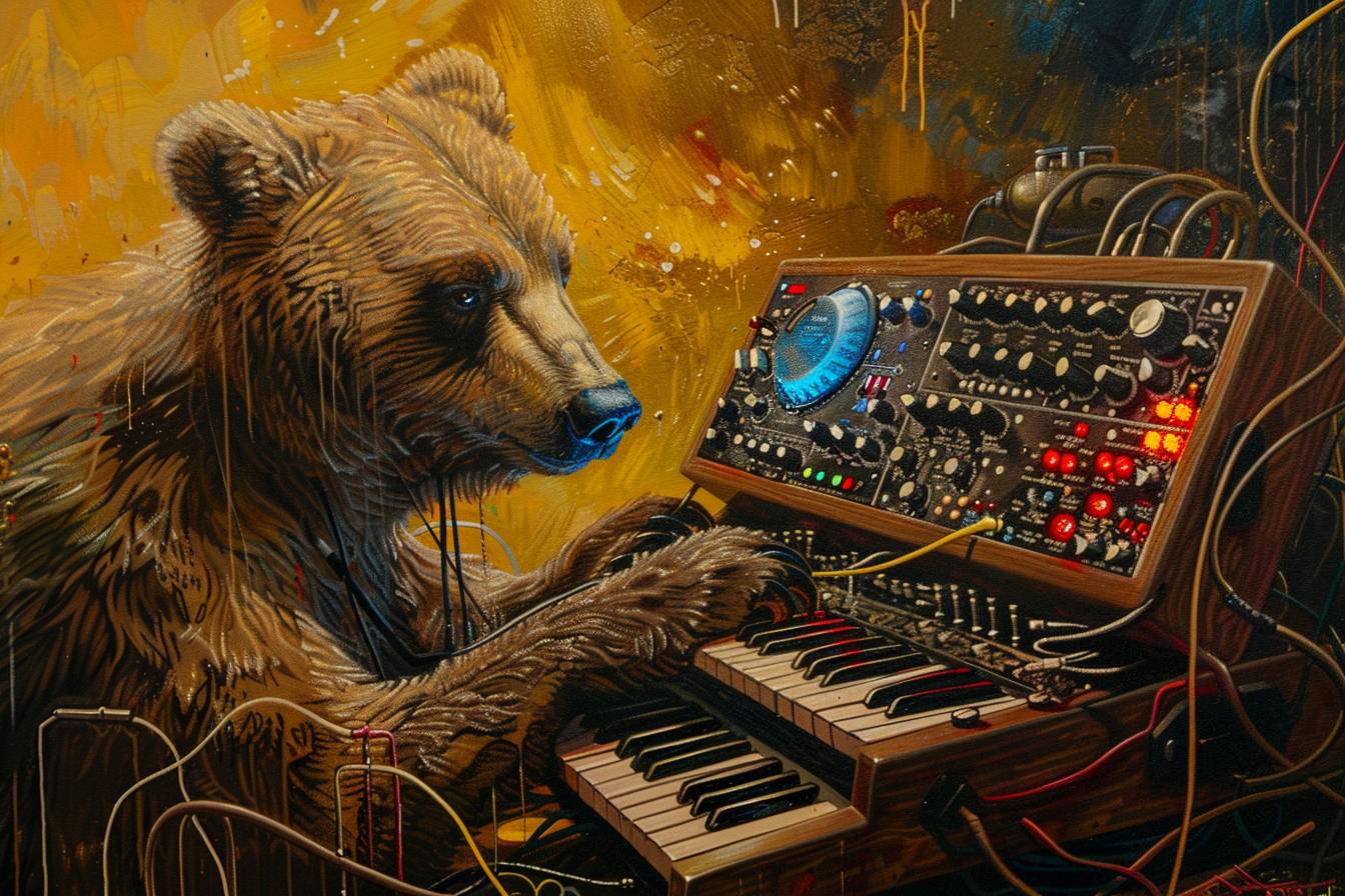 A bear playing a MiniMoog Synthesizer, naive art
