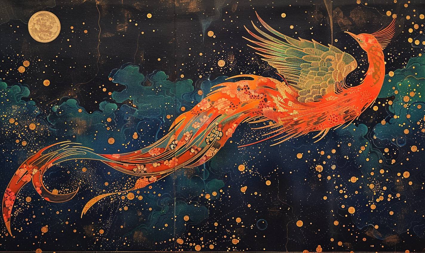 In the style of Utagawa Kuniyoshi, Cosmic phoenix gliding through the cosmos