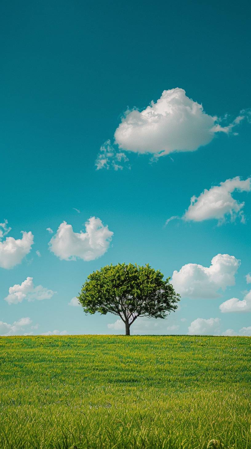 「生気あふれる虚空」の中で、広大な平野に一本の孤立した木があり、生き生きとした葉緑と空虚感を並置して、空を彷彿とさせる青と葉緑を使っています。--スタイルは生の --アスペクト比9:16  --バージョン6.0