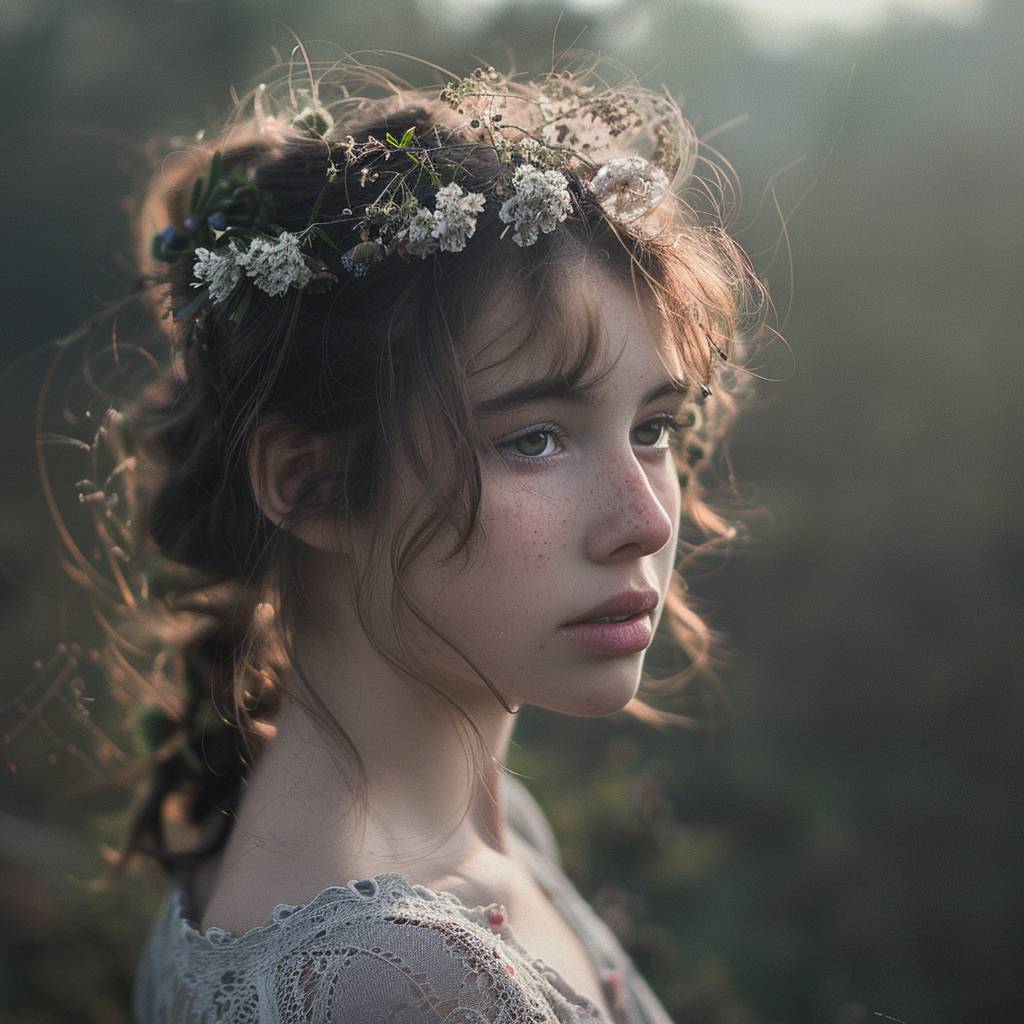 Portrait photography, a teenage girl with flowers in her hair, standing in a forest glade, early dawn, magical light, captured from a close-up angle, dreamy mood, morning mist rising, soft light, soft colors, ethereal atmosphere.