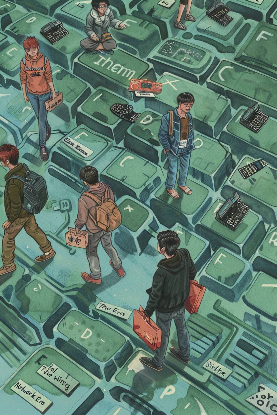 In the book 'The Network Era', there is an illustration of people living in a world made entirely of giant computer keyboard keys, and on each key, several young men hold shopping bags while talking to their female partners. The title text reads 'BACKUP morphing into AI.' There is also another drawing with numerous women holding dog collars, adding some romance. All images have been created using handdrawn techniques such as marker drawings or oil paintings in the style of various Artists.