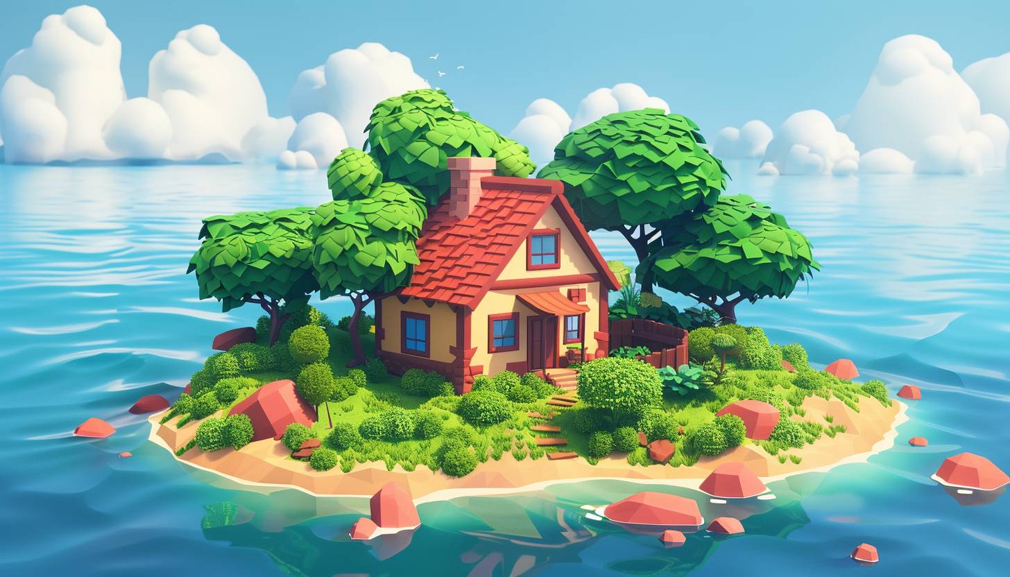 Small simple 3D island game with a small house, cute art style, simplistic, low poly, whimsical elements, Ghibli art style, inspired by games like A Short Hike and Firewatch, isometric view