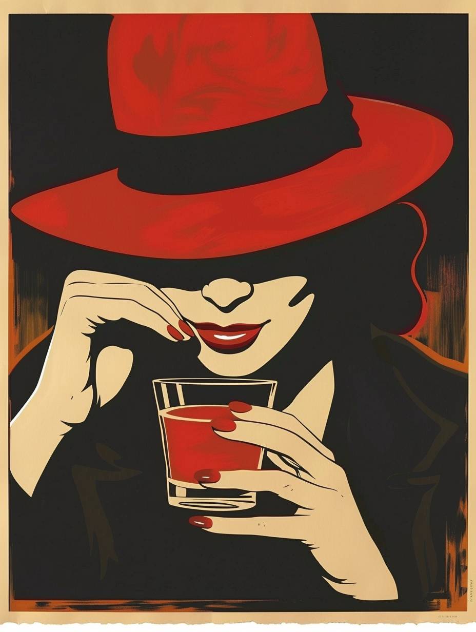 Vintage art poster, a simple woman figure mixed with a glass of alcohol drink in a bar in Monopol-Andermatt, in the art style of Marcello Dudovich
