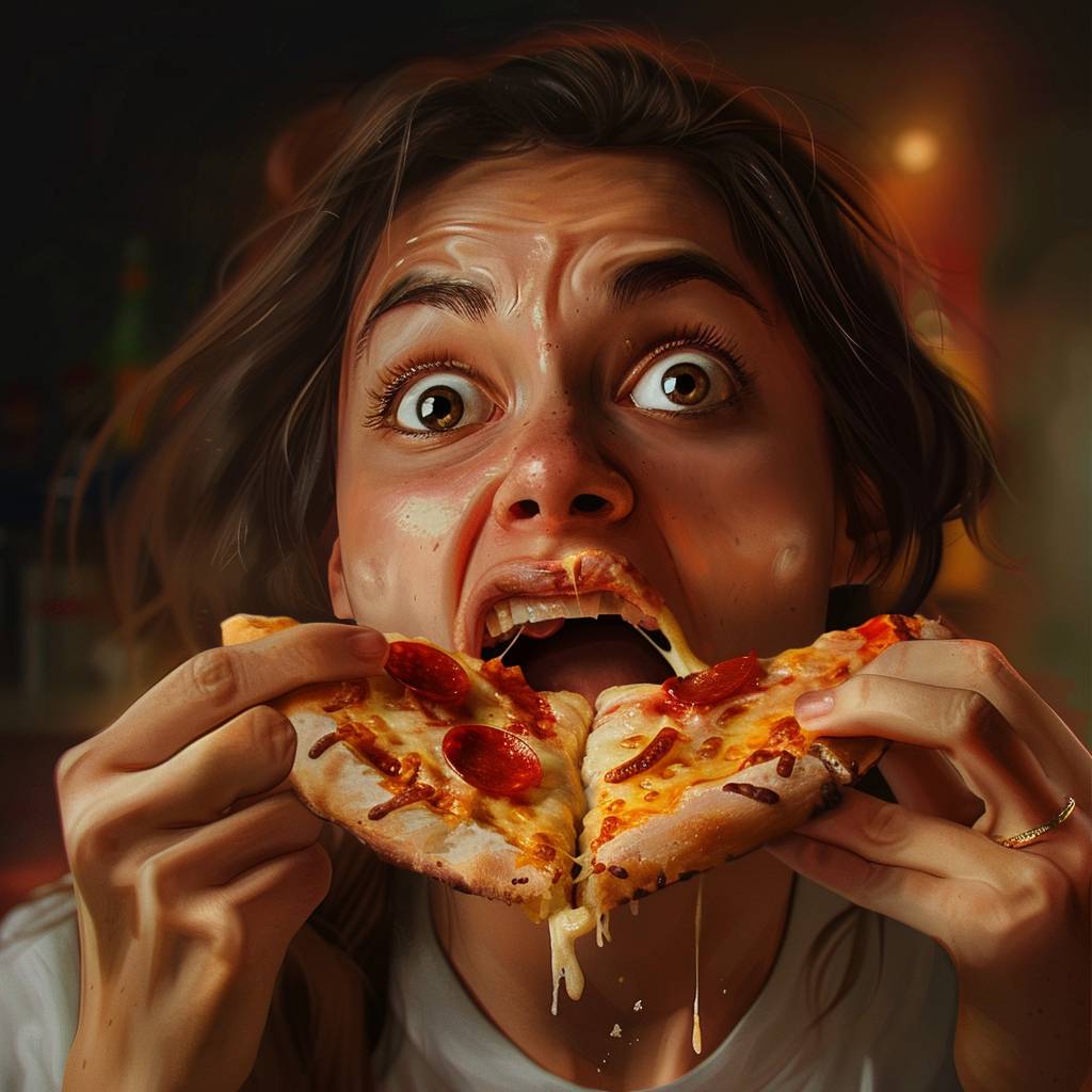 ピザを一口食べる女性、驚きの表情をしており、噛み砕いている、口に食べ物がある、目が大きく、興奮と幸せそうな表情をしている、静かでフォトリアリズム、リアルな生活、リアルな人々、リアルな女性。