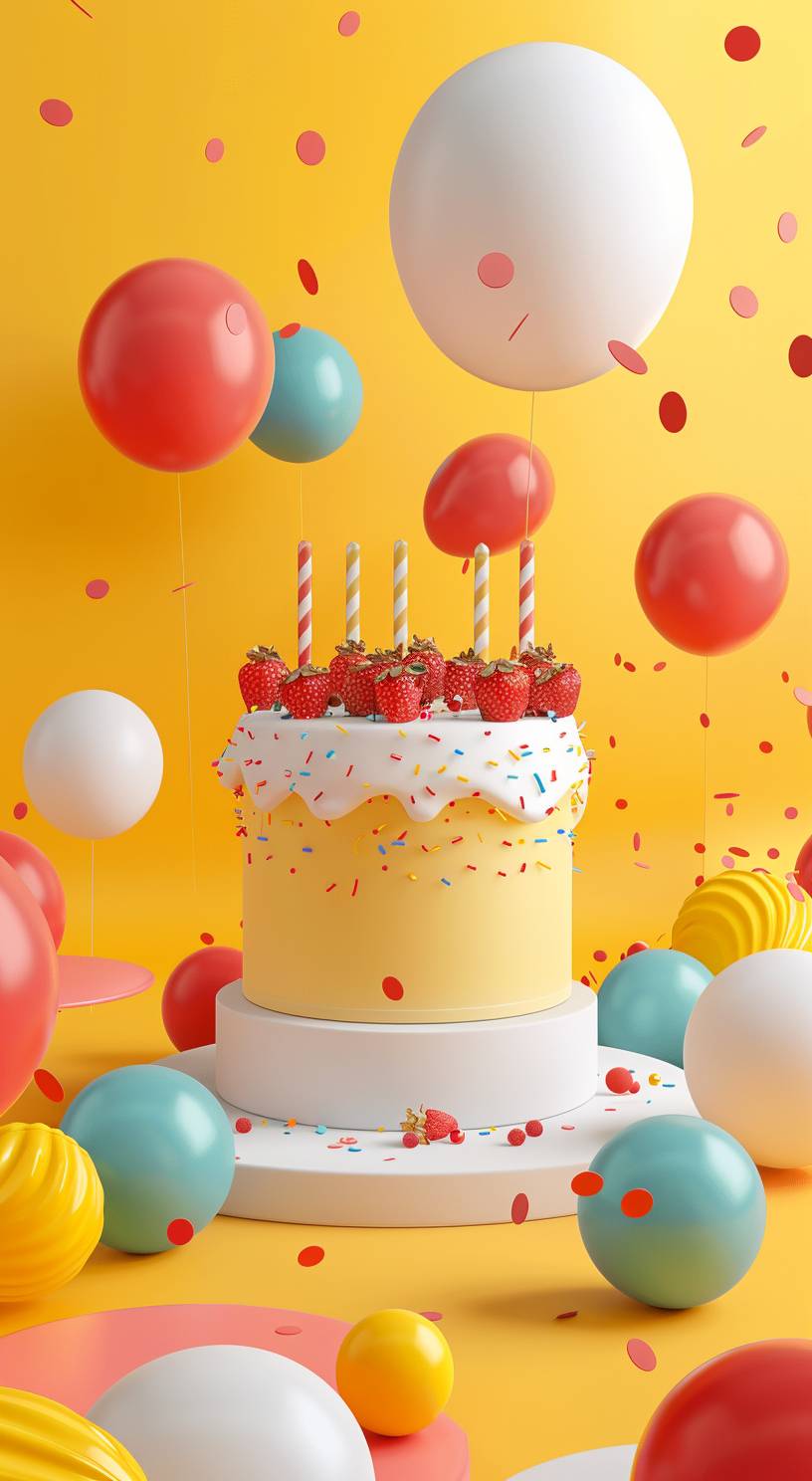 3D graphic design, simple birthday elements, colorful background, bright yellow