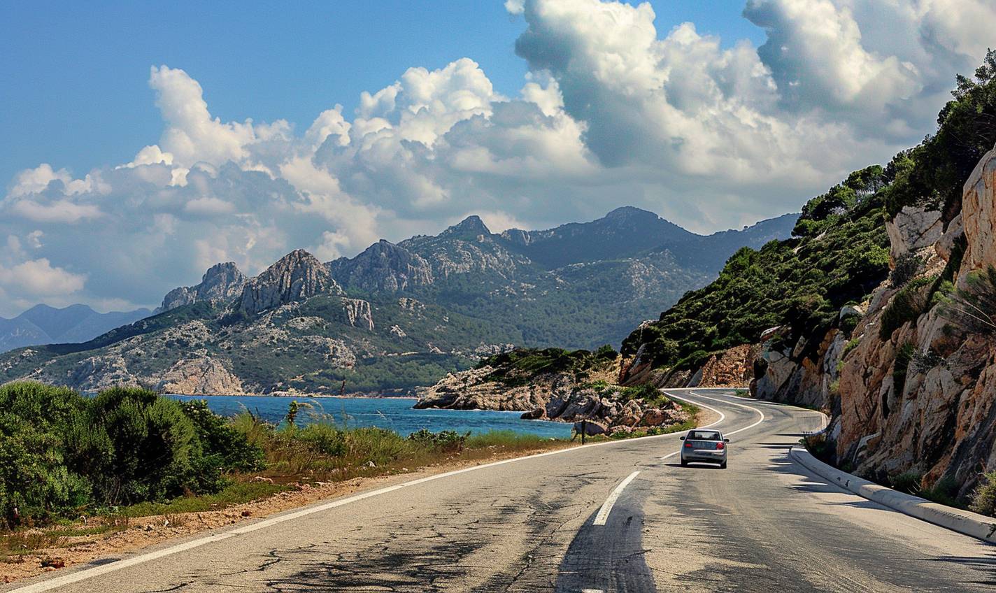 Generate a realistic image depicting a car traveling on a road along the coasts of Sardinia. The image should represent a sunny day with crystal clear water. The image of the car should be clearly visible. Thank you!