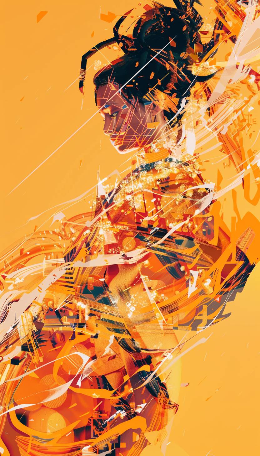 Digital art piece featuring a warrior female, blending geometric shapes and organic patterns in light orange hues and burnt orange, with dynamic glitch effect distortions for added layering and depth.