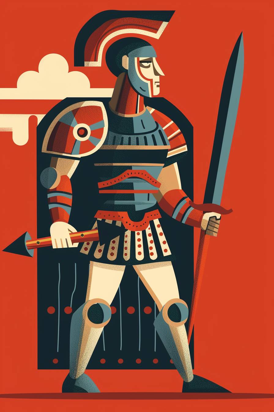 In the style of Edward Bawden, warrior character, full body, flat color illustration