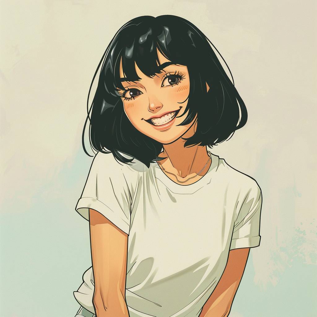 An illustration of a woman with black, calm bob haircut, smiling brightly, wearing a white t-shirt and shorts, against a plain background. The background is a light pastel color, with subtle shading to highlight the figure. Created Using: digital illustration, clean lines, smooth shading, flat colors, minimalist design, vibrant color palette, comic book style, hd quality, natural look