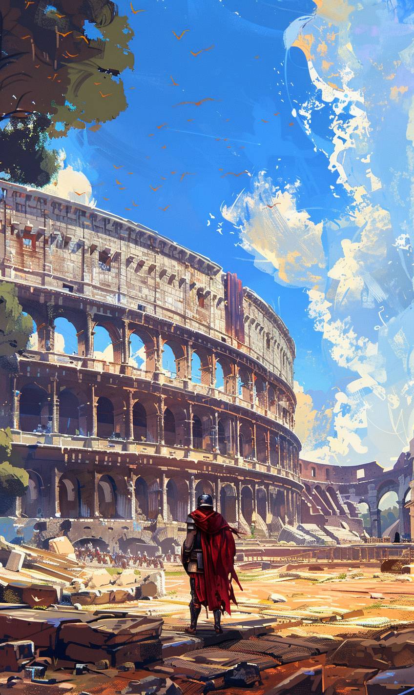 In the style of Ilya Kuvshinov, ancient coliseum hosting spectral gladiators