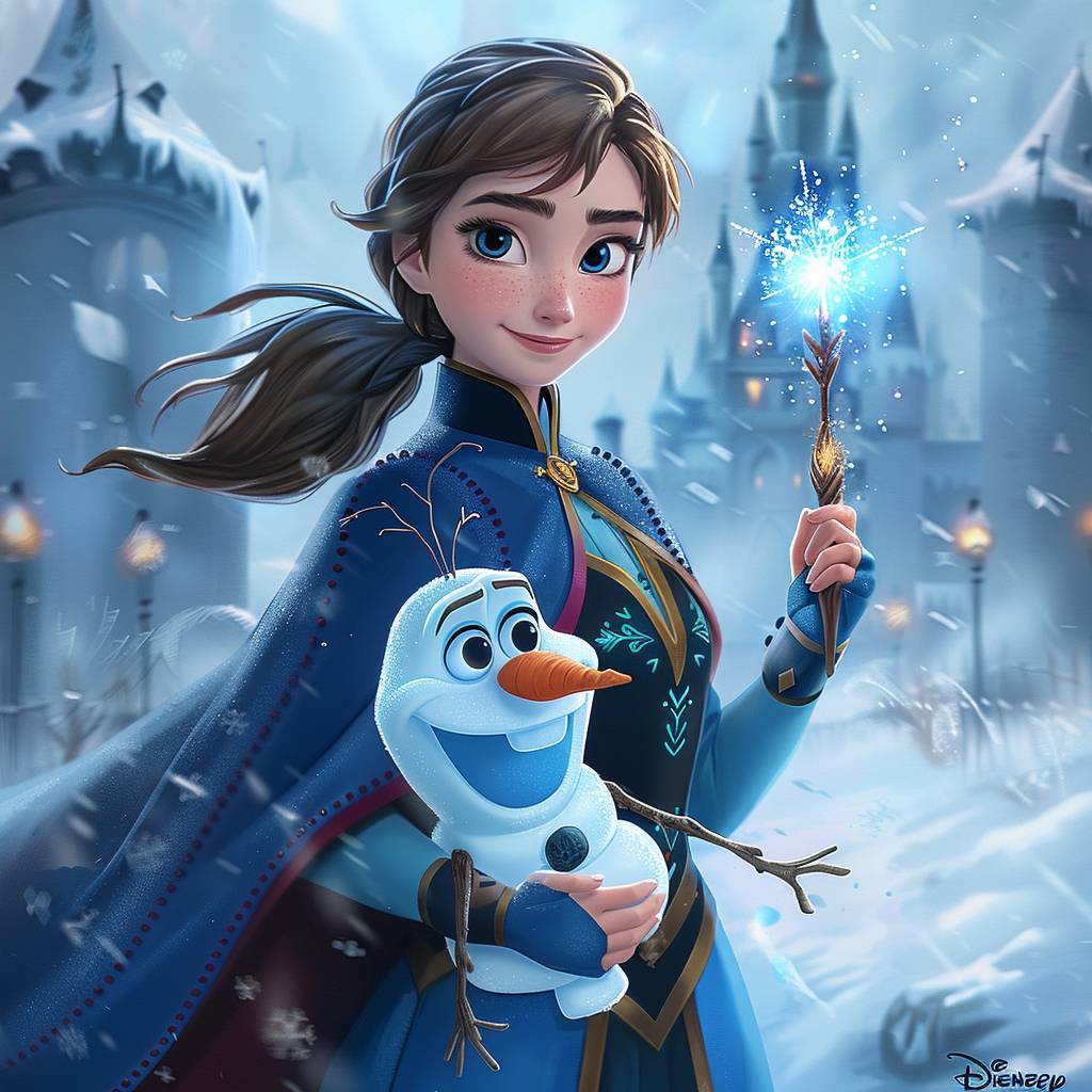 映画『アナと雪の女王』に登場するアイシャのイメージ。アイシャはオラフを抱き、魔法の杖を持ち、青いマントを着ています。ディズニースタイルで、背景は雪の城。素晴らしい照明とディテール、リアルな表現。