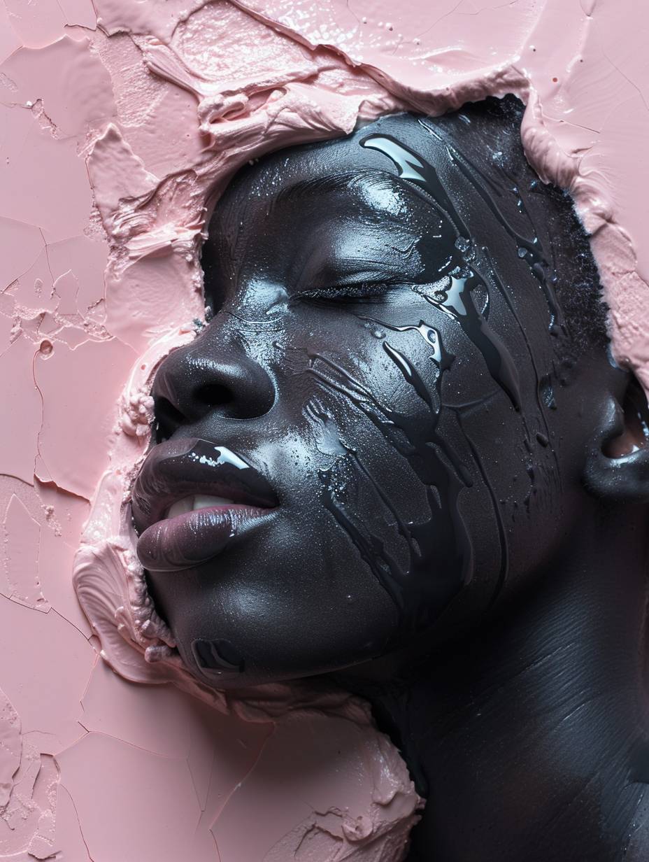 Black woman bionic ceramic glossy clear face sculpture, face pushing out of the pink dried clay background, front view, brightly lit, ultra realistic, modern minimalism, futuristic.