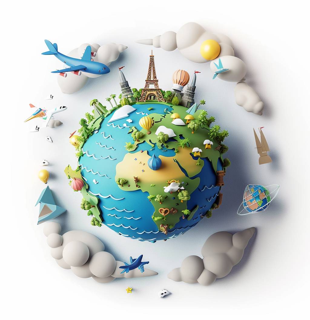 3D cartoon planet Earth with various landscapes and travel icons on a white background, in the style of Pixar.