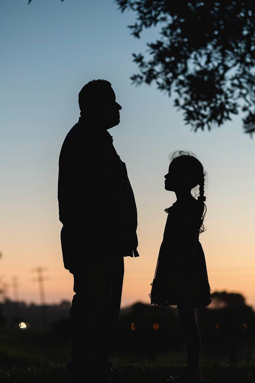 Magazine editorial photography for Father's Day, showing a silhouette of father and a daughter, envisioning the future, showing special bond between father and daughter