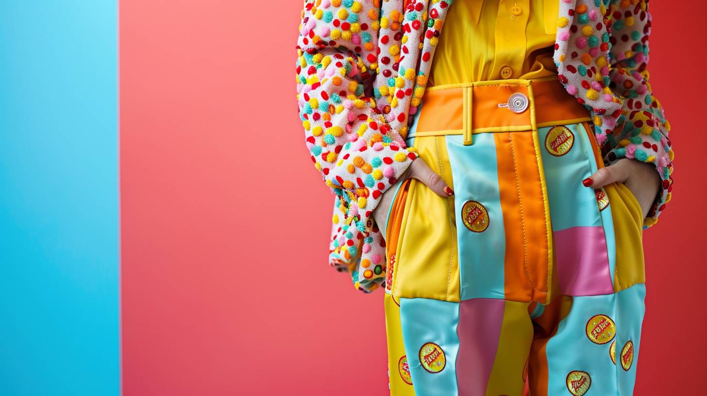 Photograph of a clothing created in HARIBO candy, worn by [type of person], focus on the key piece, studio lighting, plain and colorful background, colorful and fun style, fashion photography