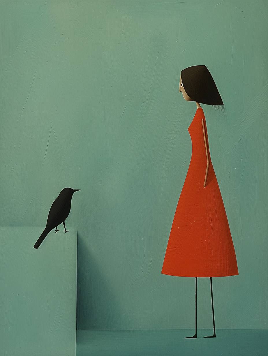 Smiling woman in a red dress looking at me and a bird, Nicoletta Ceccoli style, Anton Semenov style, minimalist style, blue, turquoise, red and white --chaos 25 --ar 3:4 --personalize r4bahsk --stylize 550 --v 6.0