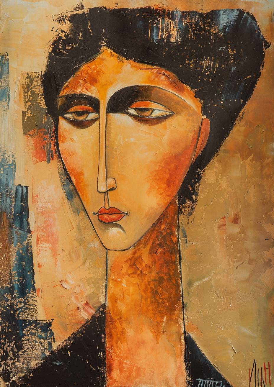 Best abstract art painting in the style of Modigliani, one face, the most beautiful we have ever seen, retro, genuine Modigliani, artwork, super clean, super sharp trending on Artstation, --no artifacts, no anomalies, --ar 5:7, --stylize 87, --v 6.0