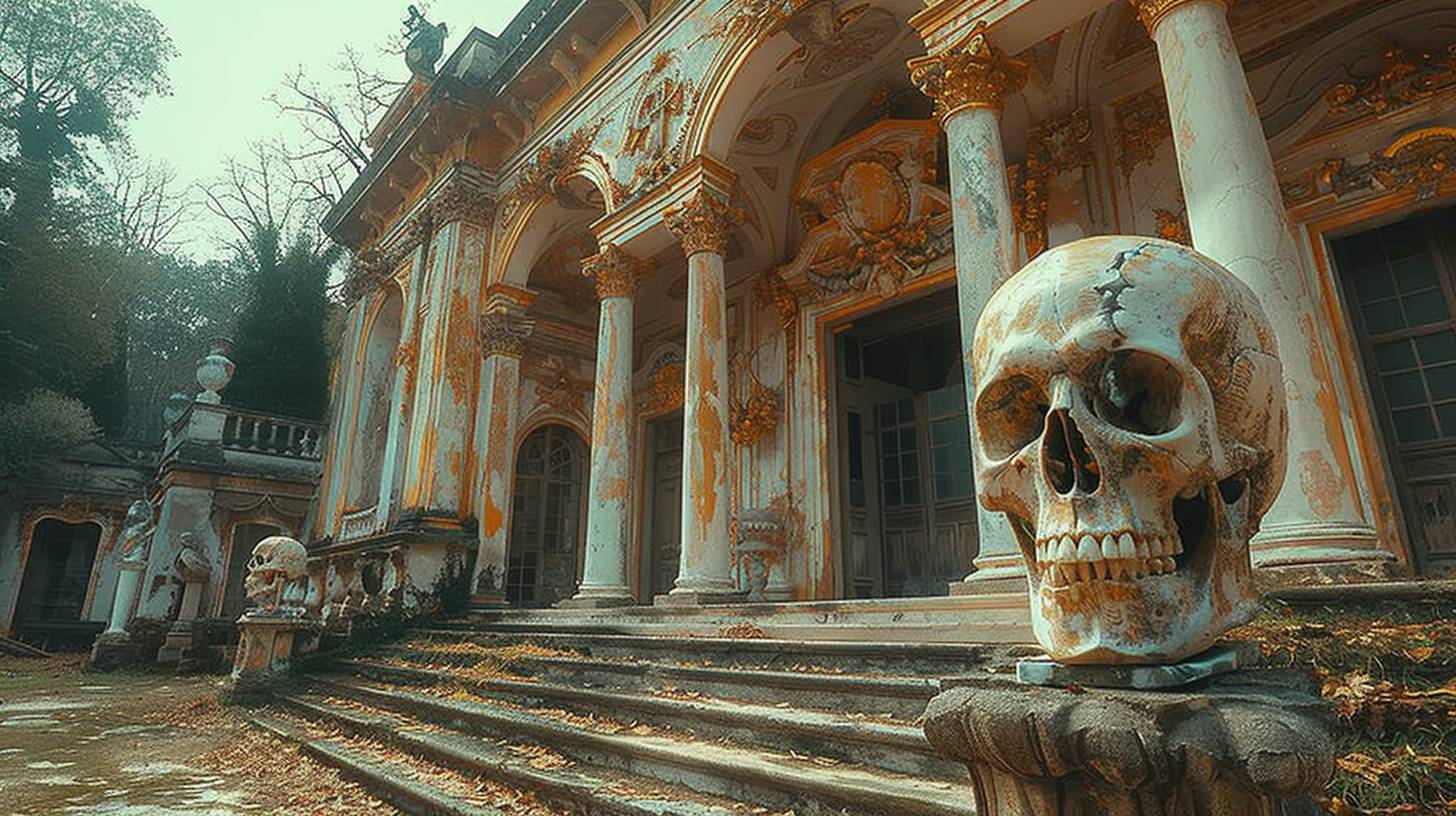 Hall of a magnificent baroque palace filled with golden statues of skulls and paintings of skulls, beautiful staircase, Renaissance paintings, marble columns, high plants, large windows
