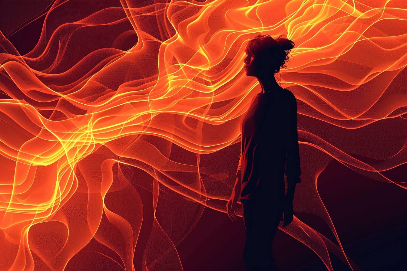 [Your character] silhouette in the style of dark wave, vector art illustration, background is a fiery [color1 and color2] wavy pattern, dramatic shadows, contrast lighting, high detail
