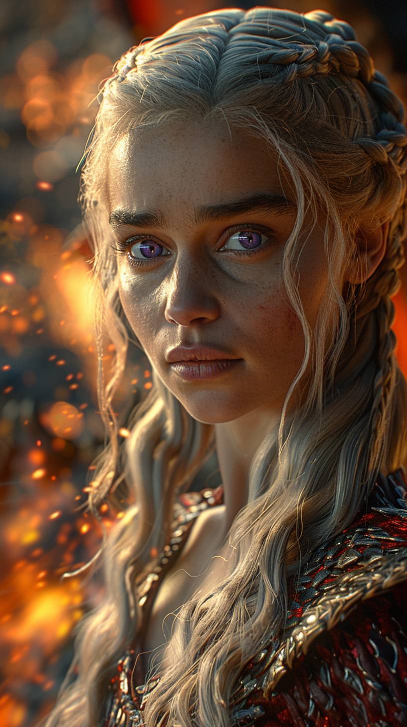 Daenerys Targaryen from Game of Thrones, with purple eyes, surrounded by blazing orange, riding on a dragon. Hyper-realistic, 8K, --ar 9:16, --stylize 750, --v 6.0