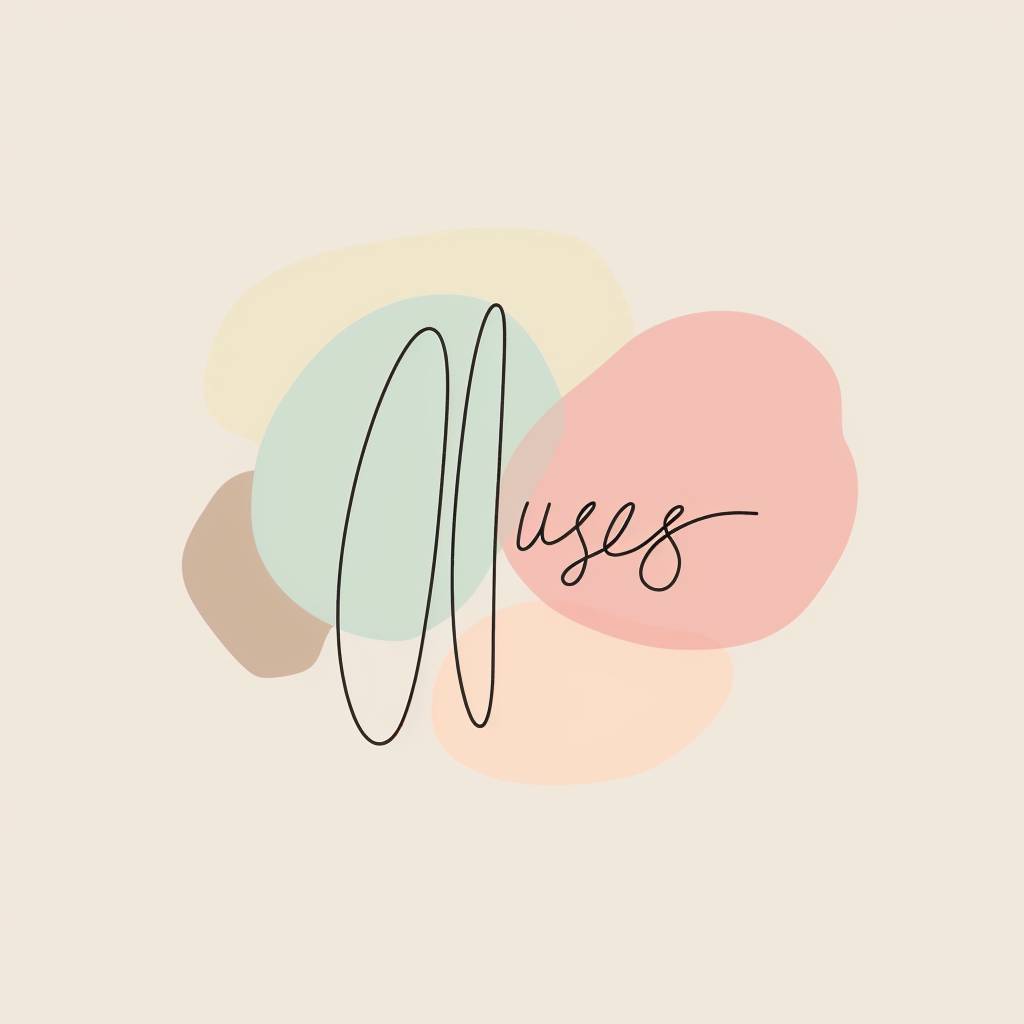 A simple 2D logo of 'muses', with a handwritten font and soft pastel colors, minimalist and playful. The background features a light pastel color with a simple abstract shape. The colors are soft pastels, with delicate highlights. Created Using: flat design, 2D pastel colors, playful elements, HD quality - aspect ratio 1:1 - version 6.0