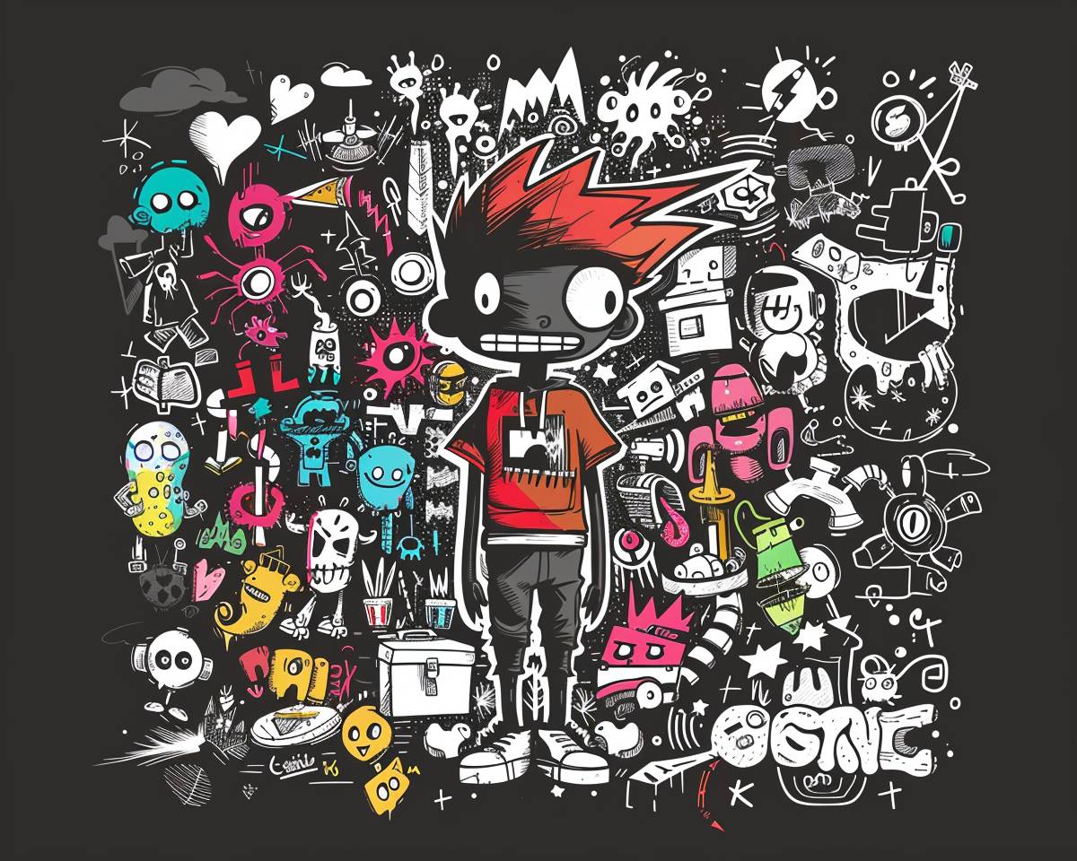 Cartoon character surrounded by various elements like [elements], doodle art and vector line drawing. It is a high contrast black and white, full body shot of the character wearing [color] [description]. punky style with graffiti-inspired designs, highly detailed.