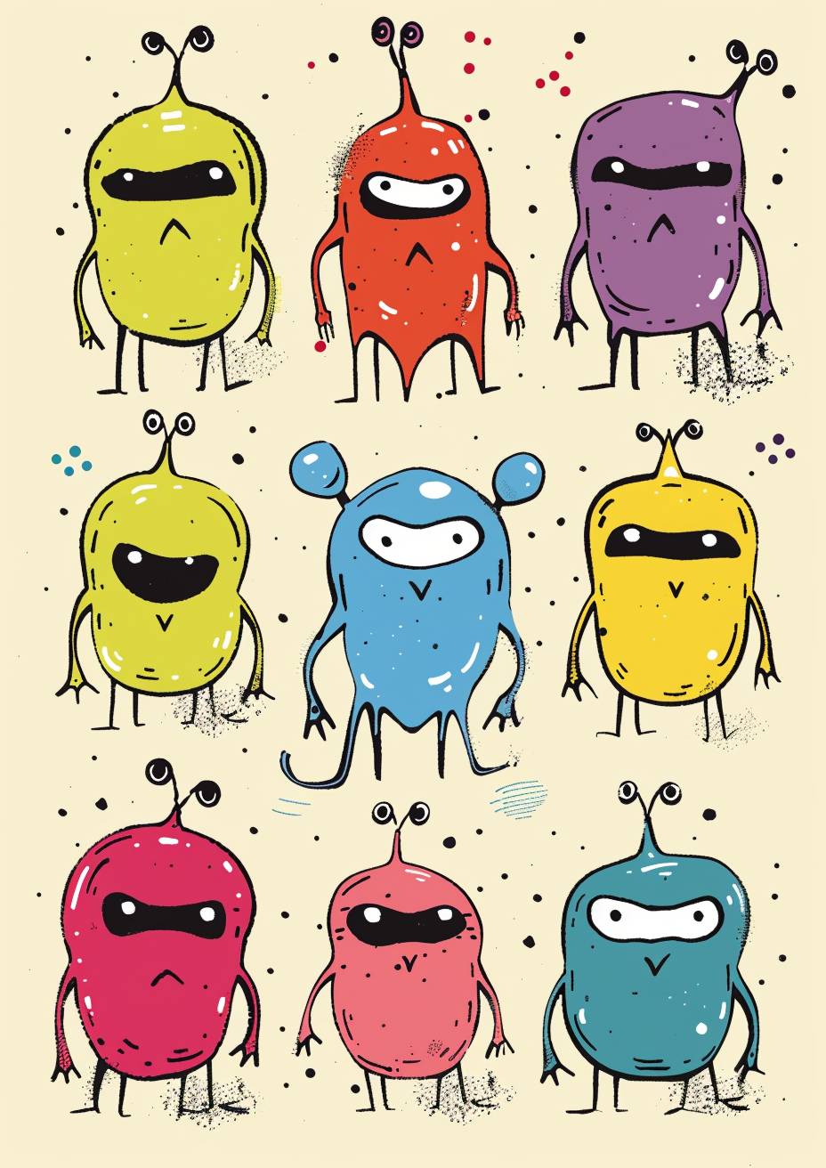 9 types of different colors cute aliens by Allie Brosh